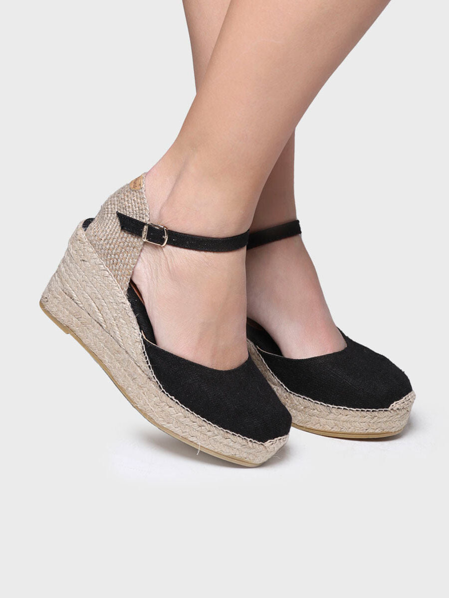 Women's linen wedge espadrilles - LAIA-NT-BLACK