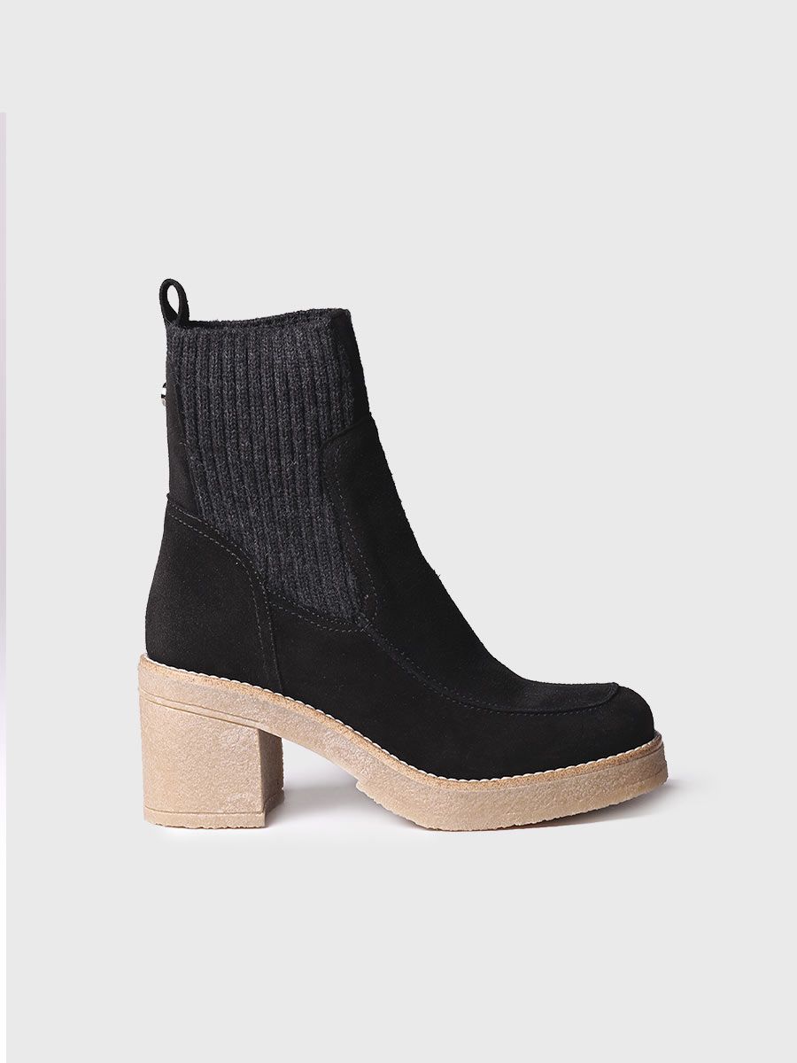 Women's Wide Heel Ankle boot in Suede and Knit Fabric in Black - PRAGA-SY-BLACK