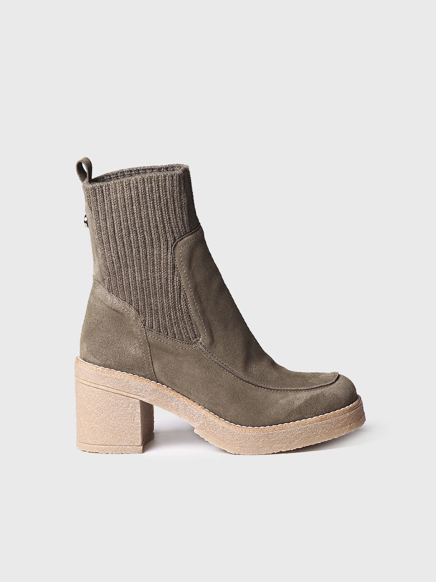 Women's Wide Heel Ankle boot in Suede and Knit Fabric in Army - PRAGA-SY-ARMY