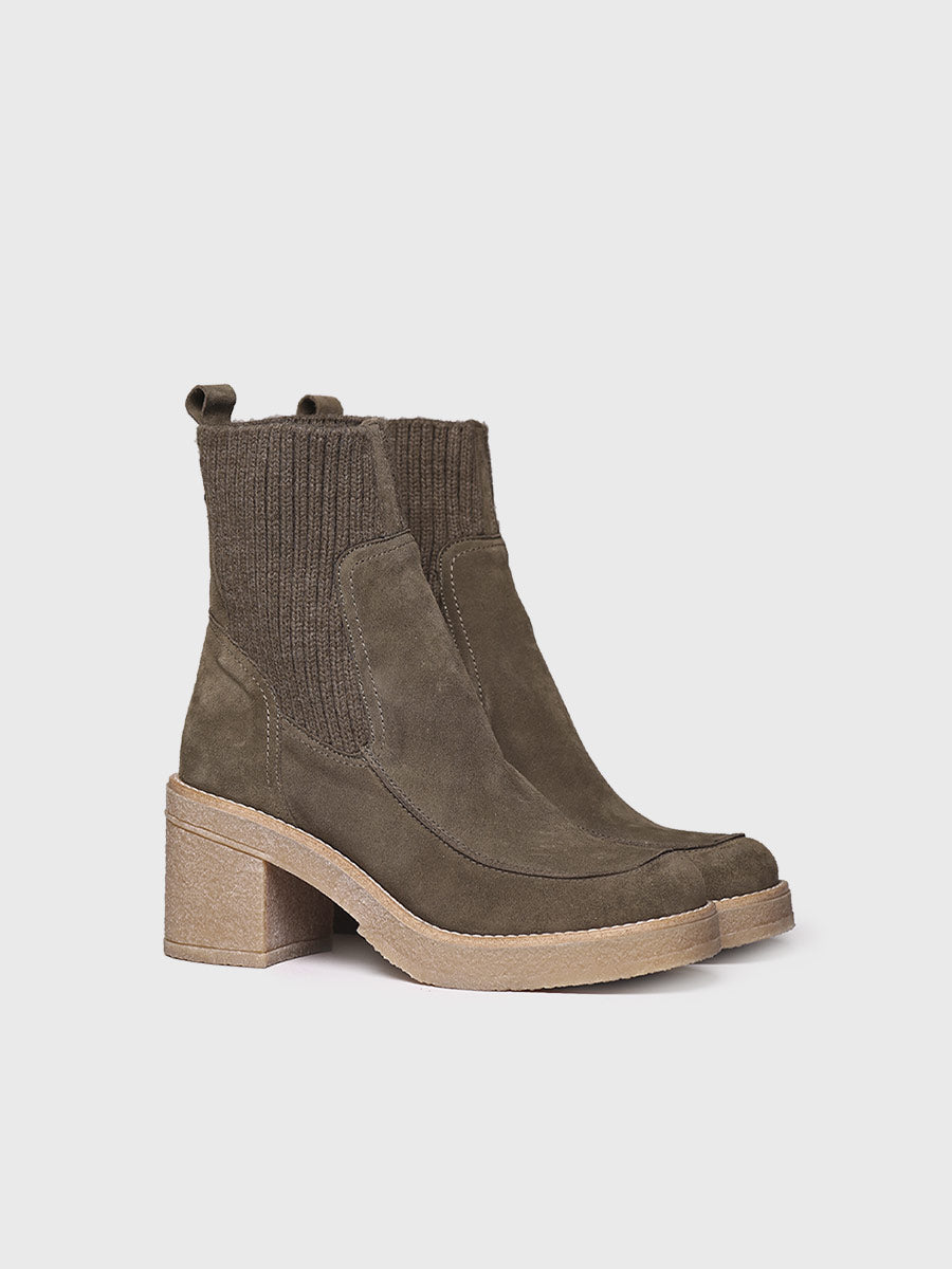 Women's Wide Heel Ankle boot in Suede and Knit Fabric in Army - PRAGA-SY-ARMY