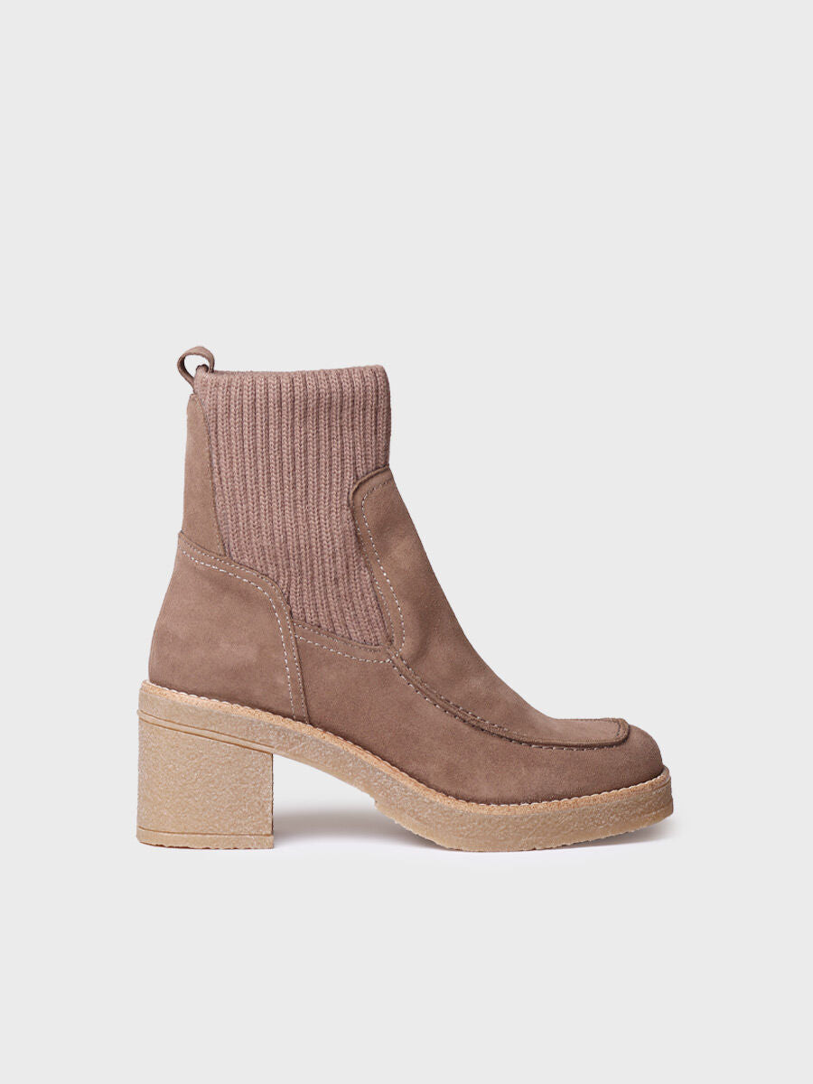 Women's Wide Heel Ankle boot in Suede and Knit Fabric in Taupe - PRAGA-SY-TAUPE